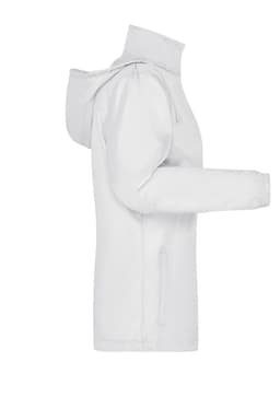 A white ladies' rain jacket features a hood and zippered front, showcasing a sleek, minimalist design.