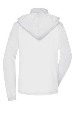 A white rain jacket with a hood, featuring long sleeves and a simple design. It has a logo on the back.