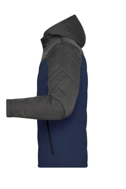 A puffer jacket in navy blue and grey with a hood, featuring a sleek, modern design and a logo.
