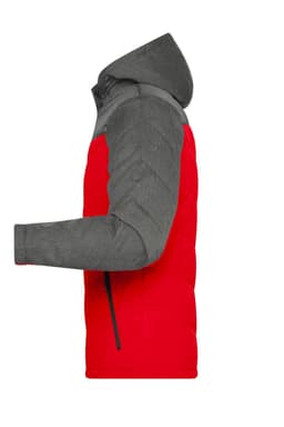 A men's winter jacket featuring a red body and grey sleeves, with a hood and a side zip pocket. It has a logo present.