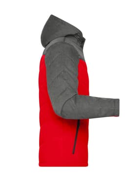 A puffer jacket featuring a red body with grey sleeves and a hood, showcasing a side view.