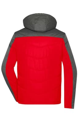 A red puffer jacket with a grey hood and shoulder detailing, featuring a quilted texture and long sleeves.