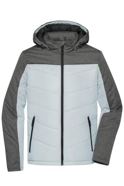 A men's winter puffer jacket in light blue and grey, featuring a hood and zipped pockets. Contains a logo.