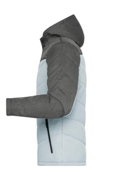 A men's winter puffer jacket featuring a grey hood and sleeves with a light blue body. It has a logo on the sleeve.