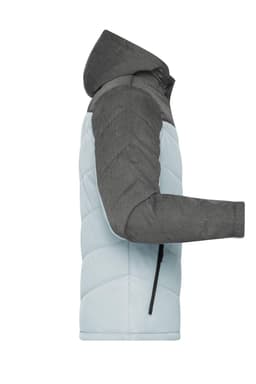 A men's winter puffer jacket featuring a light blue body and dark grey sleeves, with a hood and zippered front.