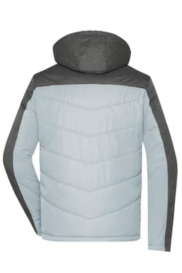 A men's winter puffer jacket in light blue and dark grey, featuring a hood and chevron pattern on the back.