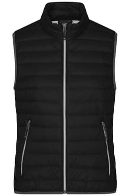 A black ladies down vest with zippered front pockets and a stand-up collar. It features a simple design and has a logo.