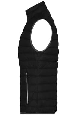 A black ladies down vest with a high collar and a side zip pocket, featuring a sleek, padded design.