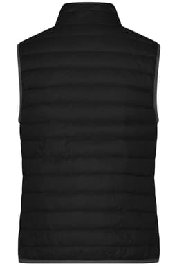 A black down vest with a quilted texture and a high collar, featuring a logo on the back.