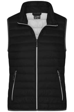 A black ladies down vest with a zip front and two side pockets, featuring a logo on the interior.