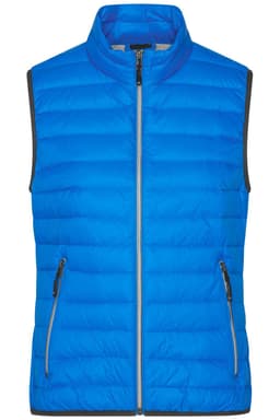 A bright blue ladies down vest with a quilted design, featuring a high collar and zippered front pockets.