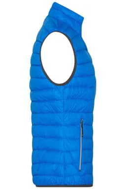 A blue down vest with a high collar and a zippered side pocket, featuring a sleek design.