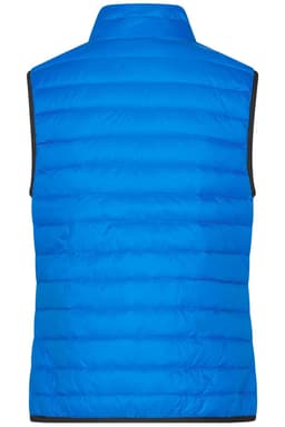 A bright blue down vest with a quilted design and a high collar. It features a contrasting black trim and has a logo.