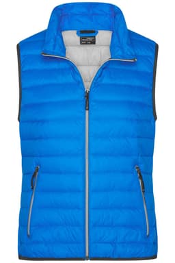 A bright blue down vest with a zip front, featuring side pockets and a contrasting grey interior, along with branding.