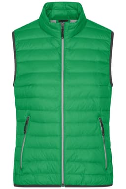 A green ladies down vest featuring a zip closure and two side pockets, with a contrasting trim.