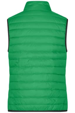 A green ladies down vest with a quilted design and a high collar. It has a logo on the back.
