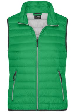 A green ladies down vest with a zip front and two side pockets, featuring a grey interior and a logo.