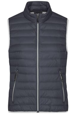 A ladies' down vest in dark grey with a zip front and two side pockets, featuring a logo.