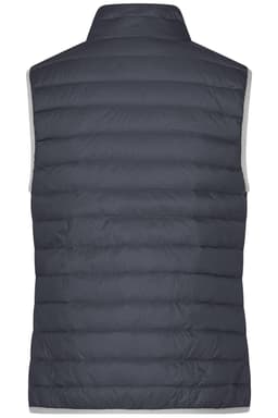 A navy ladies down vest with a quilted design and a high collar, featuring a grey inner lining.