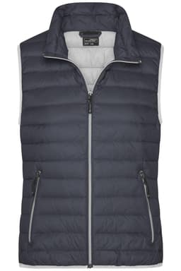 A navy ladies down vest with a quilted design, featuring a high collar and zippered pockets, includes branding.