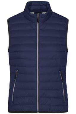 A navy down vest with a zip front and two side zip pockets, featuring a logo on the chest area.