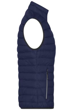 A navy blue down vest with an open arm design and a side zip pocket. It features a logo on the front.