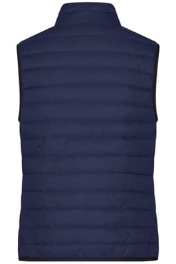 A navy blue ladies' down vest with a sleeveless design and a quilted pattern on the back. It has a logo.