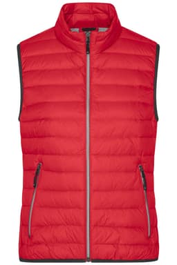 A red ladies down vest featuring a zip front, stand-up collar, and side pockets with grey detailing.
