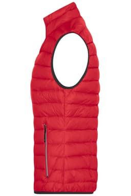 A red ladies down vest with a high collar and one side zip pocket, featuring a sleeveless design.