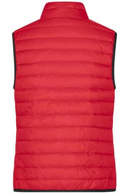 A red ladies down vest featuring a quilted design and a high collar, with a contrasting trim.