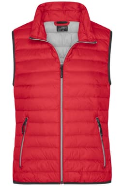 A red ladies down vest with a zip front and two side pockets, featuring a grey interior and a logo on the chest.