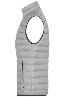 A light grey down vest featuring a sleeveless design and a side zip pocket, with a logo on the fabric.