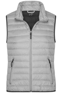 A grey down vest with a stand-up collar and two zippered pockets on the front. It features a logo on the chest.