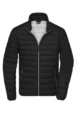 A men's black down puffer jacket with a zip closure and side pockets. It features a high collar and a lightweight design.