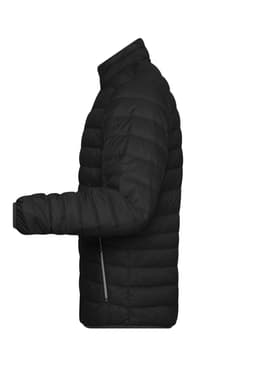 A black puffer jacket featuring a quilted design and a side zip. It has a high collar and long sleeves.