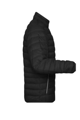 A men's down puffer jacket in black, featuring a fitted design and vertical stitching. It has a logo on the side.