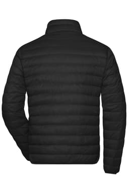 A black men's down puffer jacket featuring a quilted design and a high collar. It has a logo on the left side.