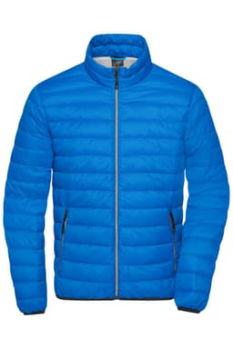 A blue men's down jacket featuring a zip front and a lightweight puffer design. It has side pockets and a logo.