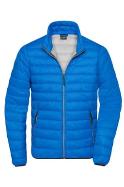 A blue men's down jacket with a zippered front and side pockets, featuring a grey interior and a logo.