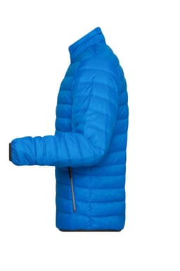 A bright blue men's down jacket with a side view showcasing its puffer design and zippered pocket.