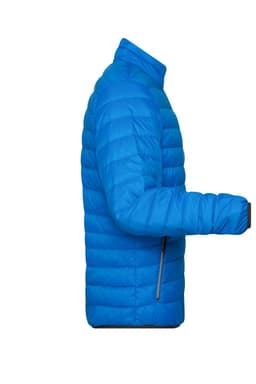 A bright blue men's down jacket with a puffer design and a side view showcasing its features.
