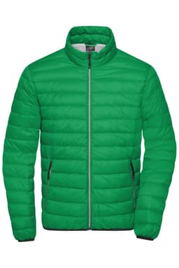 A green puffer jacket with a zip front, side pockets, and a collar. Features logo branding.