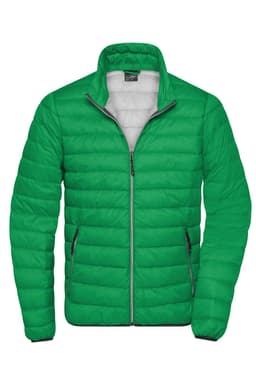 A green men's down jacket with a zip front and side pockets, featuring a logo on the chest.