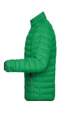 A green men's down puffer jacket featuring a zippered pocket and a fitted silhouette. It has a logo on the sleeve.