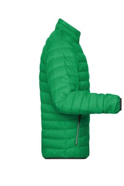 A green men's down jacket with a quilted design and a side zipper. It features a high collar and elasticised cuffs.
