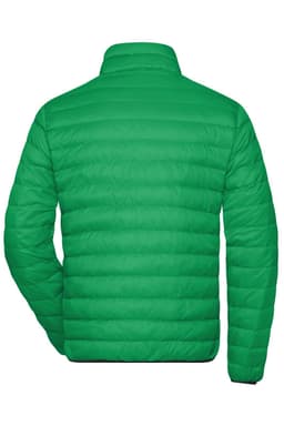 A green men's down jacket with a puffer design, featuring a high collar and a smooth, quilted texture.