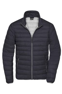 A men's down puffer jacket in dark grey, featuring a zip front and two side pockets. It has a logo on it.