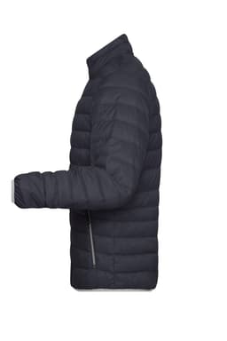 A men's puffer jacket in dark grey, featuring a zip closure and a sleek, padded design. It has a logo on the sleeve.