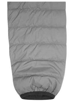 A men's puffer jacket in light grey, featuring a quilted design and a fitted hem at the bottom.