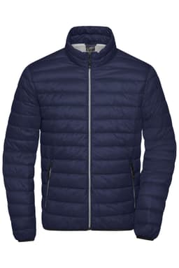 A navy puffer jacket with a zip front and stand-up collar, featuring side pockets and a branding logo.